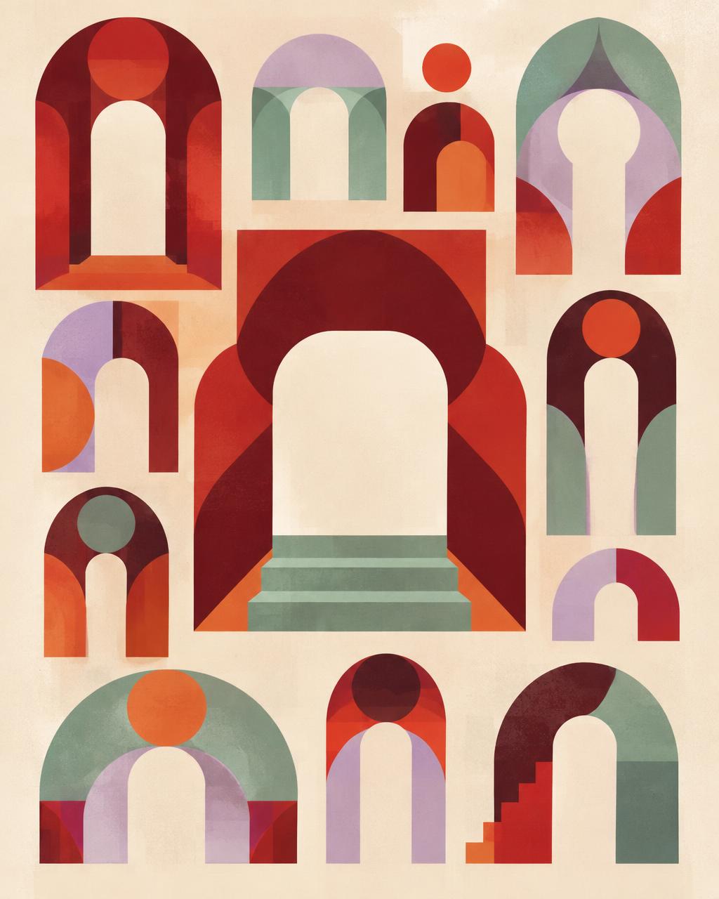 Mosaic of geometric portals built from one shared shape language